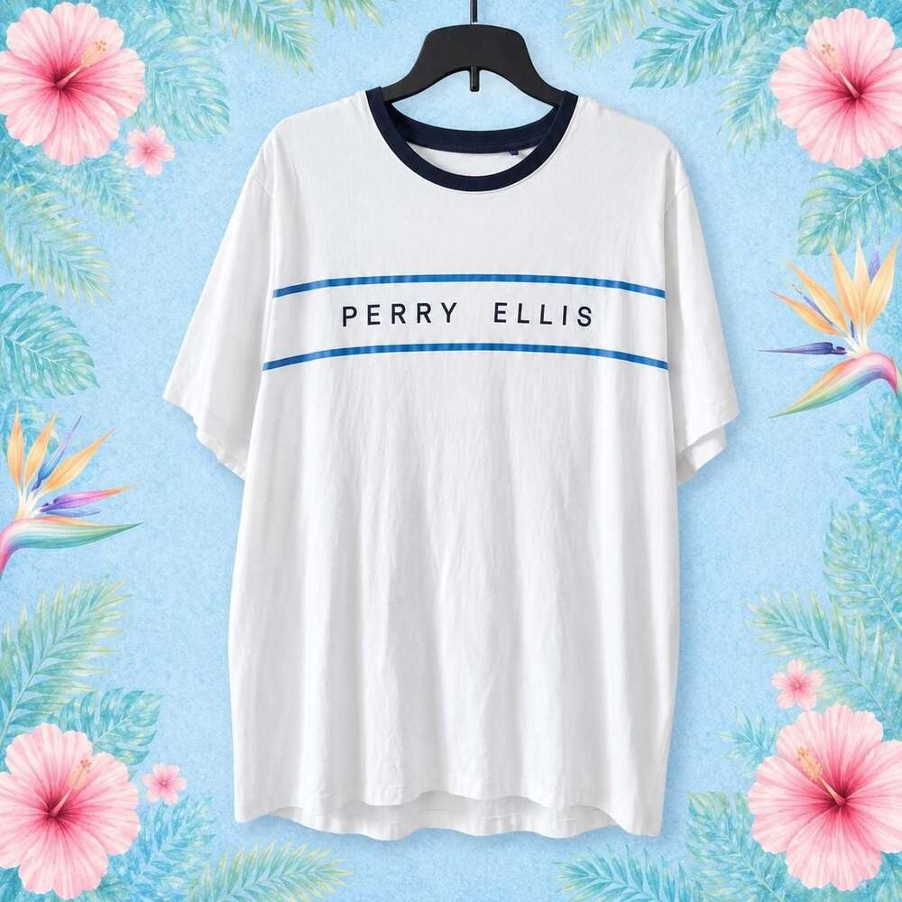 0030-Perry Ellis White Graphic T-Shirt With Blue Stripes